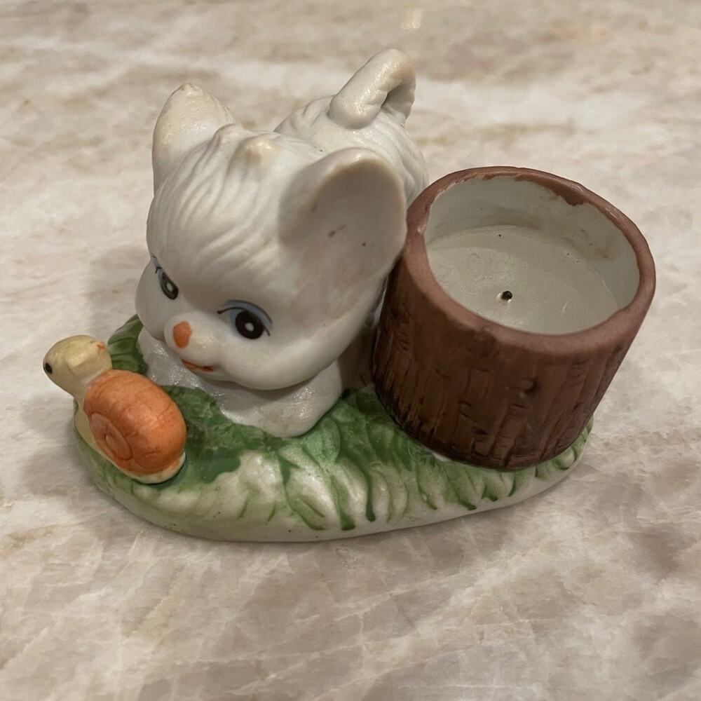 Vintage porcelain cat with snail figurine with tealight holder